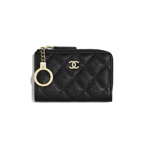 NWT🖤Chanel🖤Quilted Caviar Zip Around Wallet Keychain Black LGHW - Picture 1 of 6